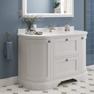 Freestanding Curved Unit 1340mm with Worktop, Drawers & Integrated White Basin | Matt White