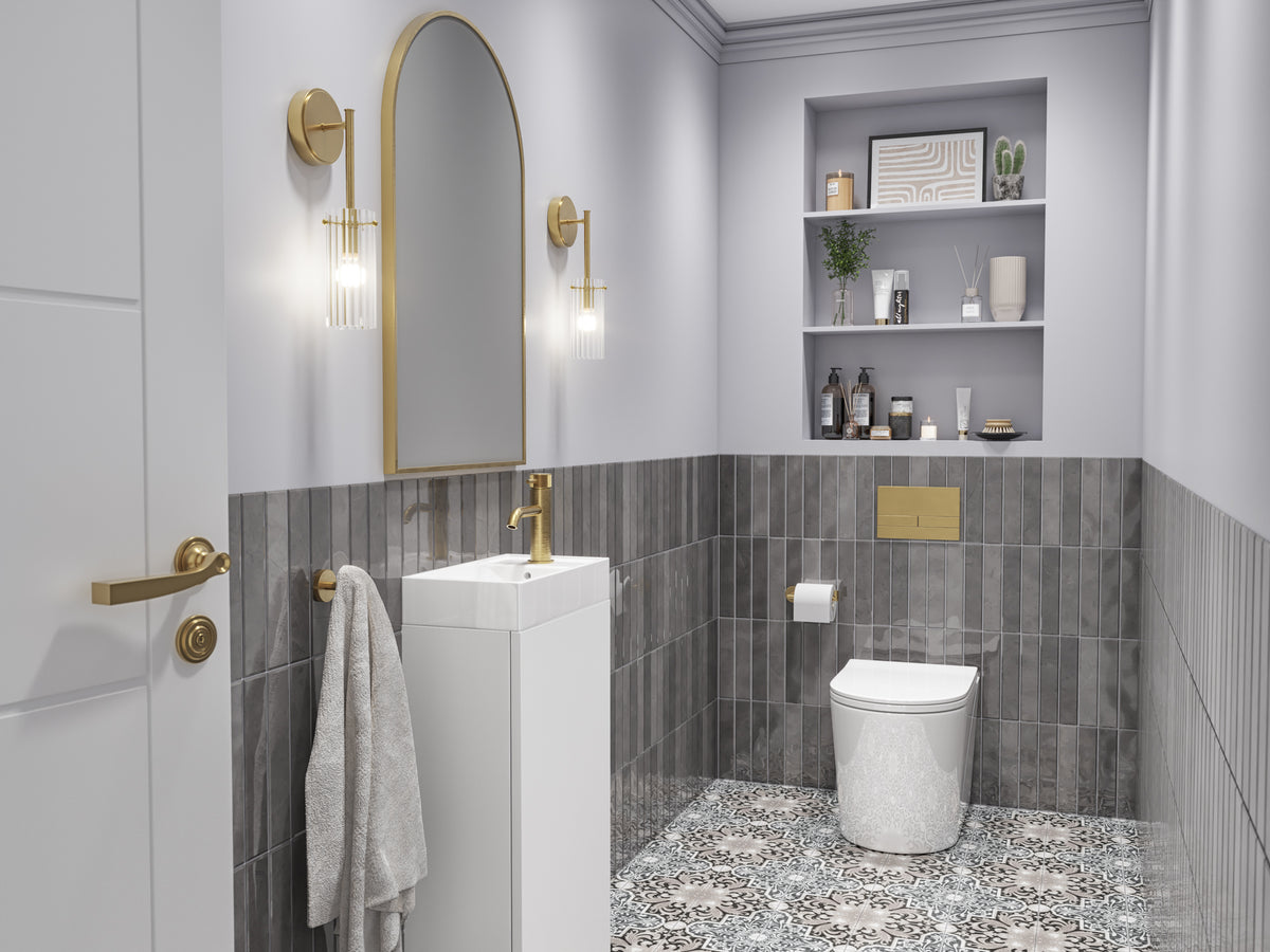 The Powder Room: contemporary cloakroom with brass fittings