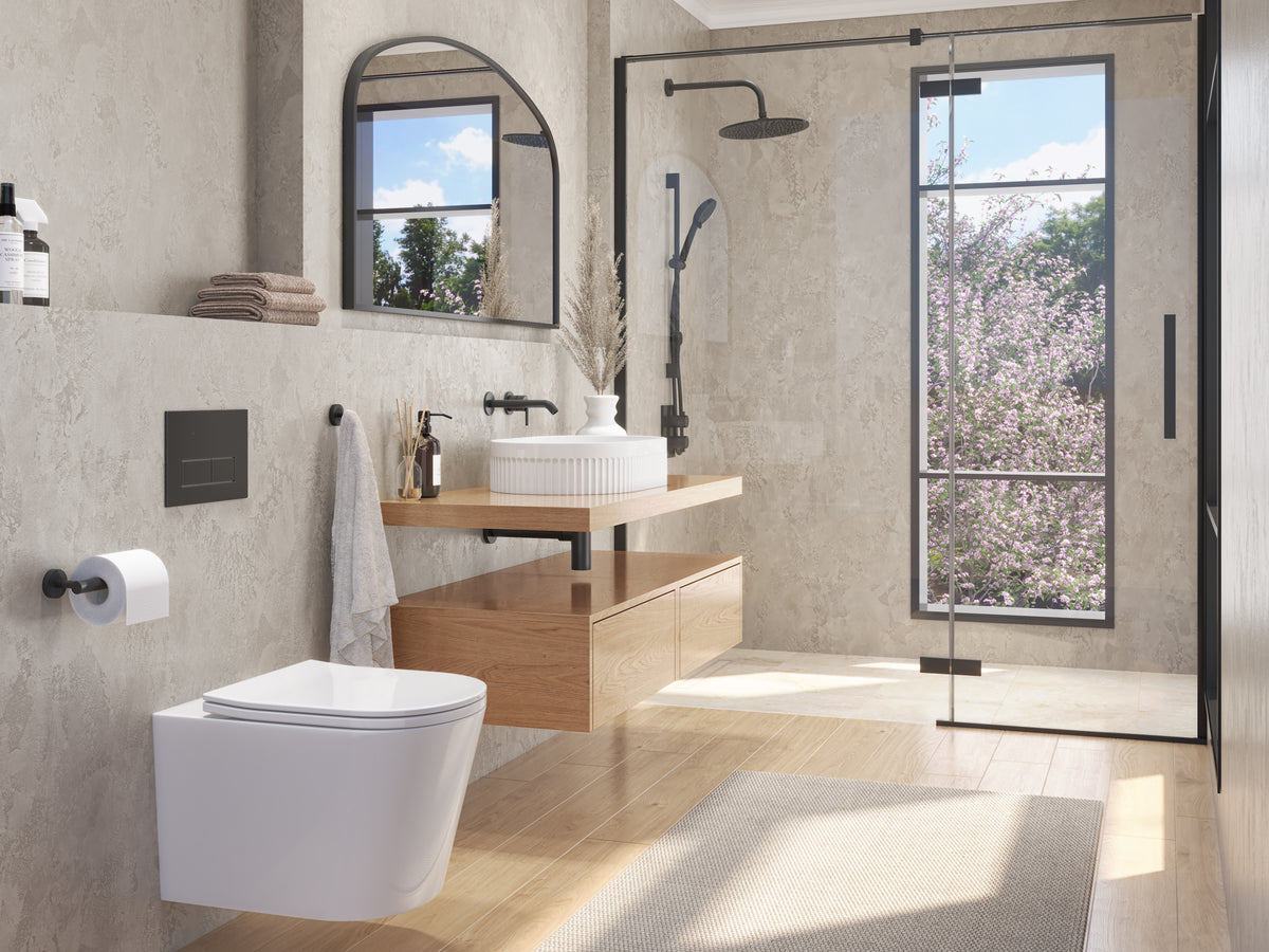 The Retreat: minimal ensuite with grey fittings
