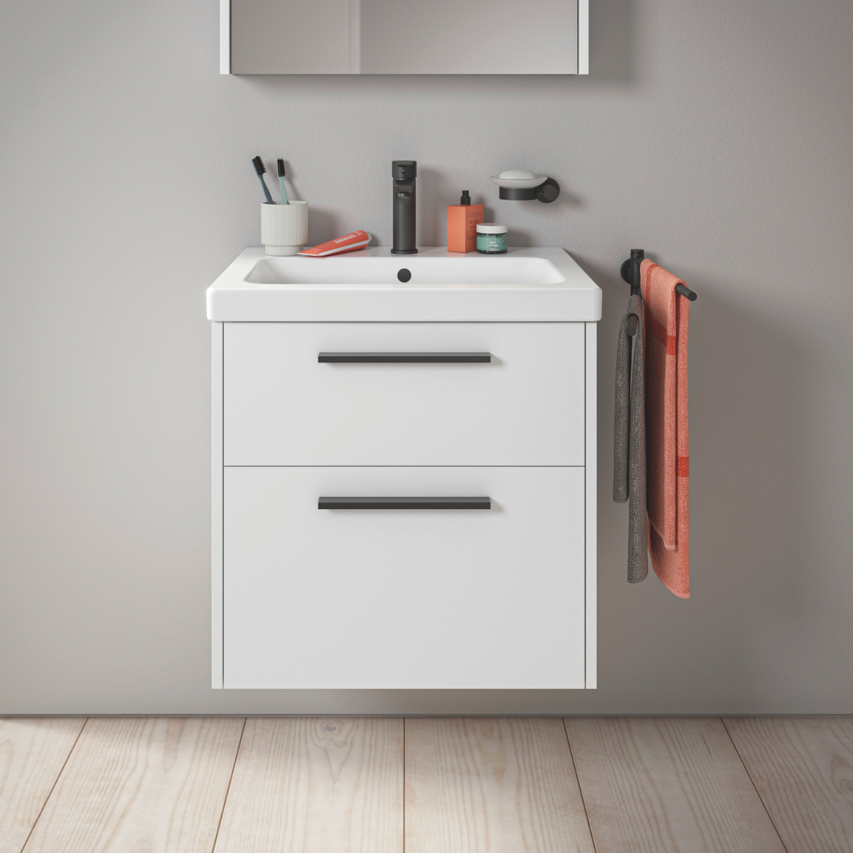 D Code 2 Drawer Wall Mounted Vanity Unit & Basin 600 x 555mm