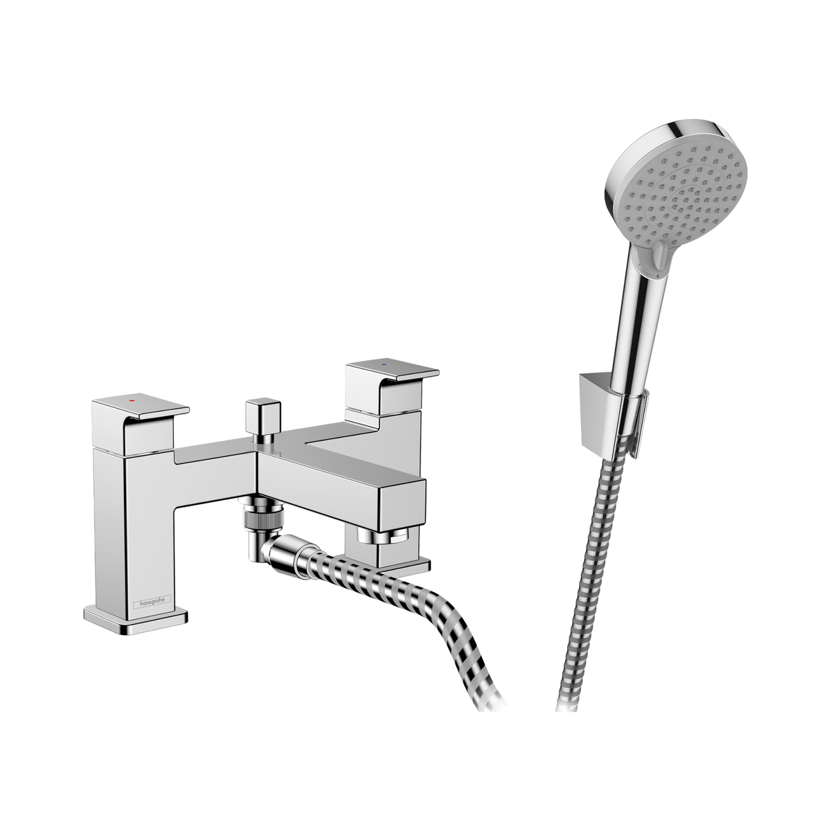 Vernis Shape 2 Hole Rim Mounted Bath Mixer Diverter & Vario Hand Shower Chrome