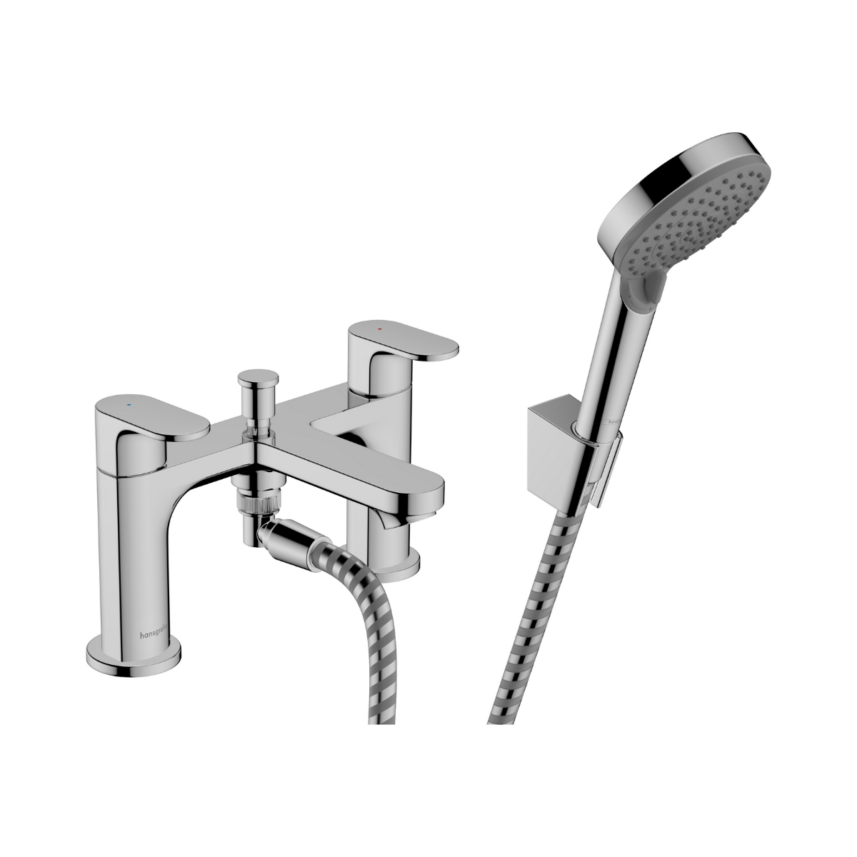 Rebris S 2 Hole Rim Mounted Bath Mixer Diverter & Vernis Blend Vario Hand Shower Chrome