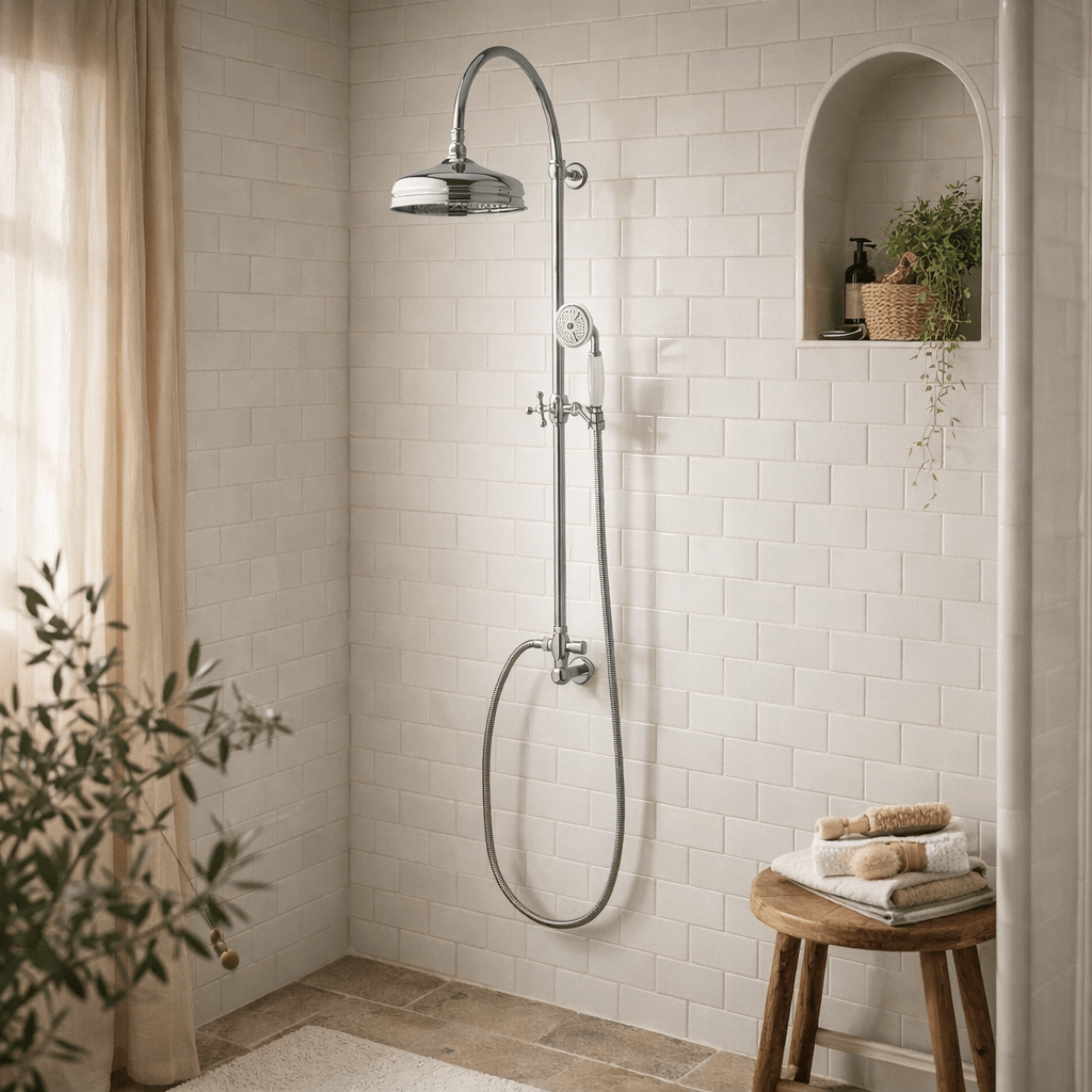 BEL-SHR-017-CP - Edwardian Rigid Riser with Traditional Dart Shower Head - Soaque