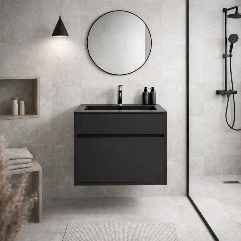 1-Drawer Wall Hung Vanity Unit 500mm with Slim Matt Black Basin