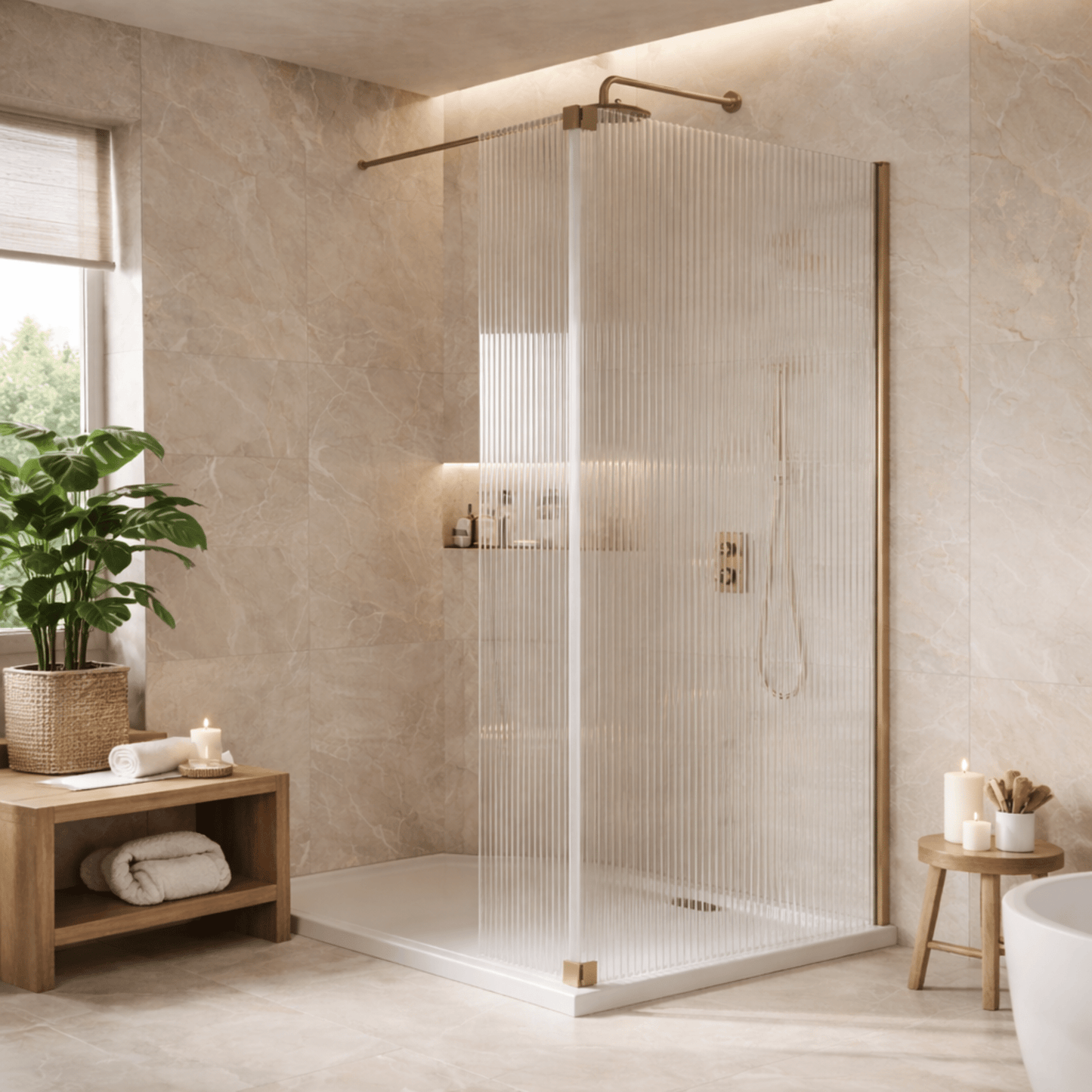  - S8 Fluted Walk in Recess Shower Enclosure with Deflector Panel - Soaque
