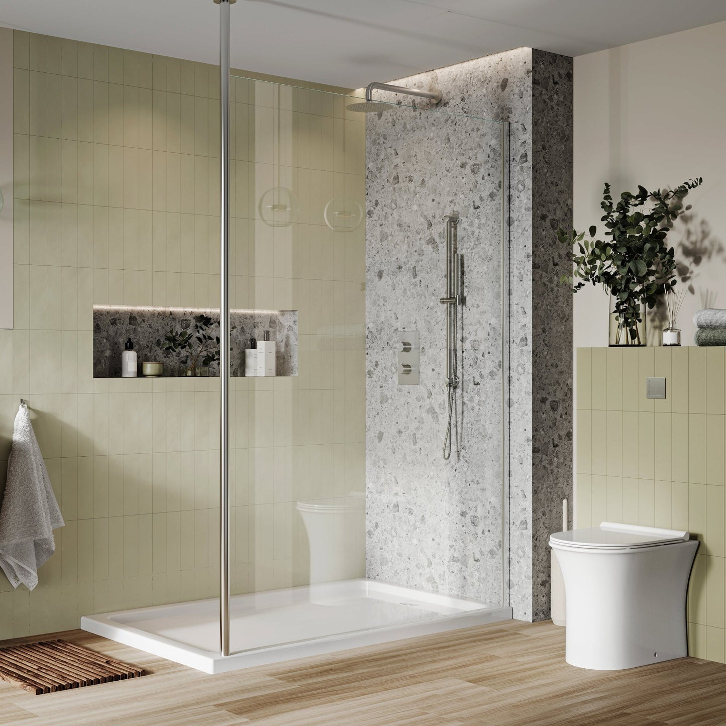  - S8 Walk in Recess Shower Enclosure with Floor to Ceiling Support Arm | Chrome - Soaque