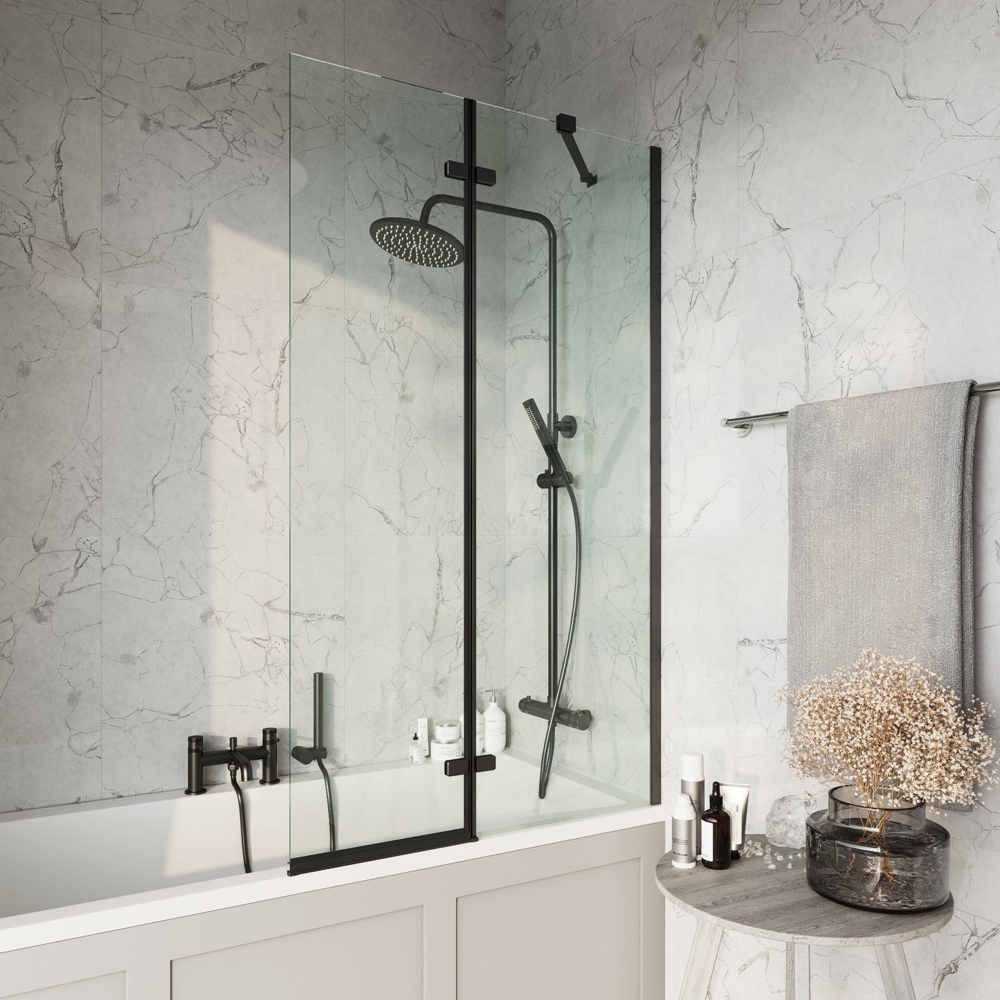 SCREEN007 - Square Bathscreen with Fixed Panel 1500 x 900mm | Black | Scudo | SCREEN007 - Soaque